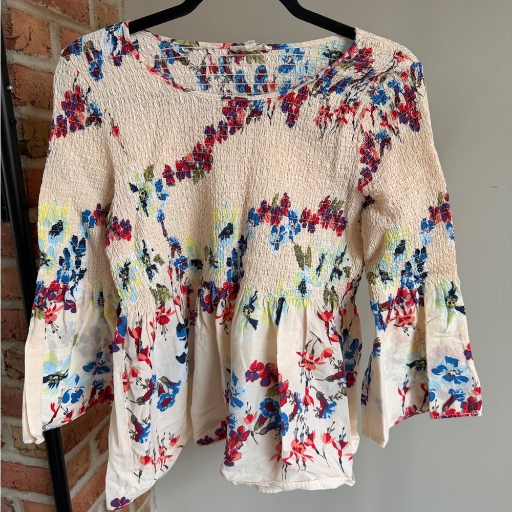 Jane and Delancey 100% cotton Floral Smocked Blouse - Cream and Multicolor